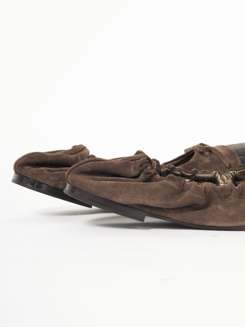 Brunello Cucinelli Brown Suede Monili-Cap-Toe Bow Flats - Picture 8 of 10